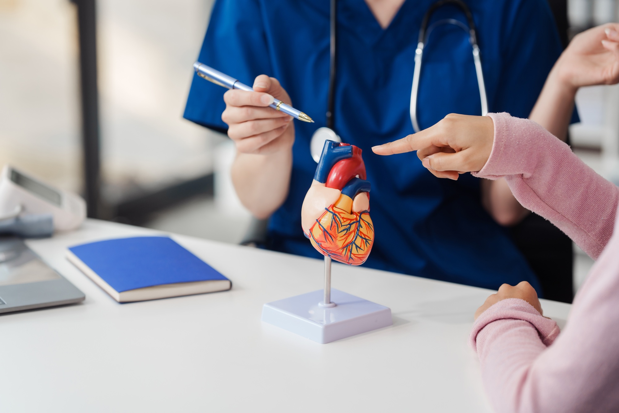 Cardiology clinic, young Caucasian female doctor explains heart disease treatment with a medical
